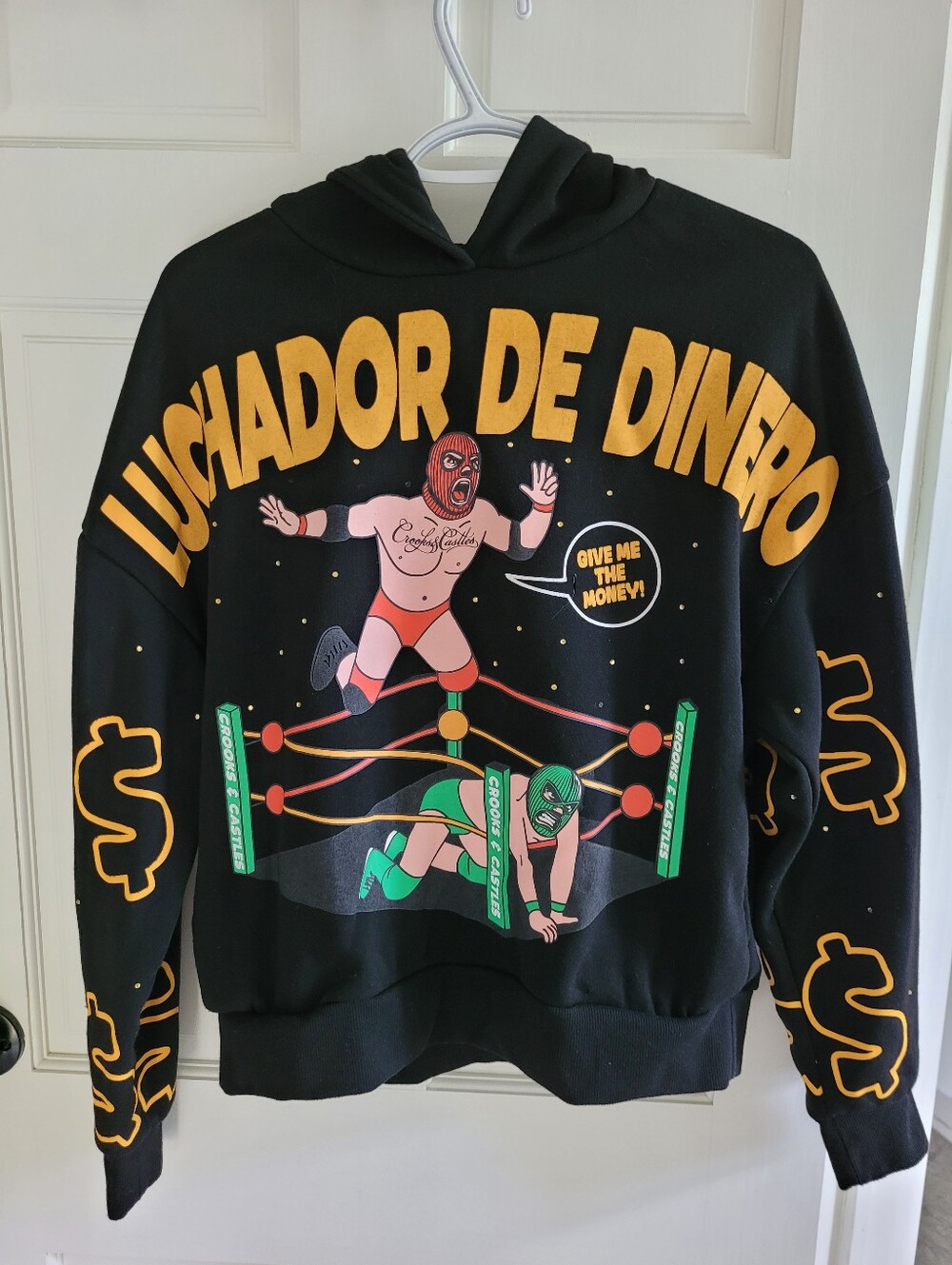 Luchador De Dinero Black Graphic Hoodie with Yellow Print